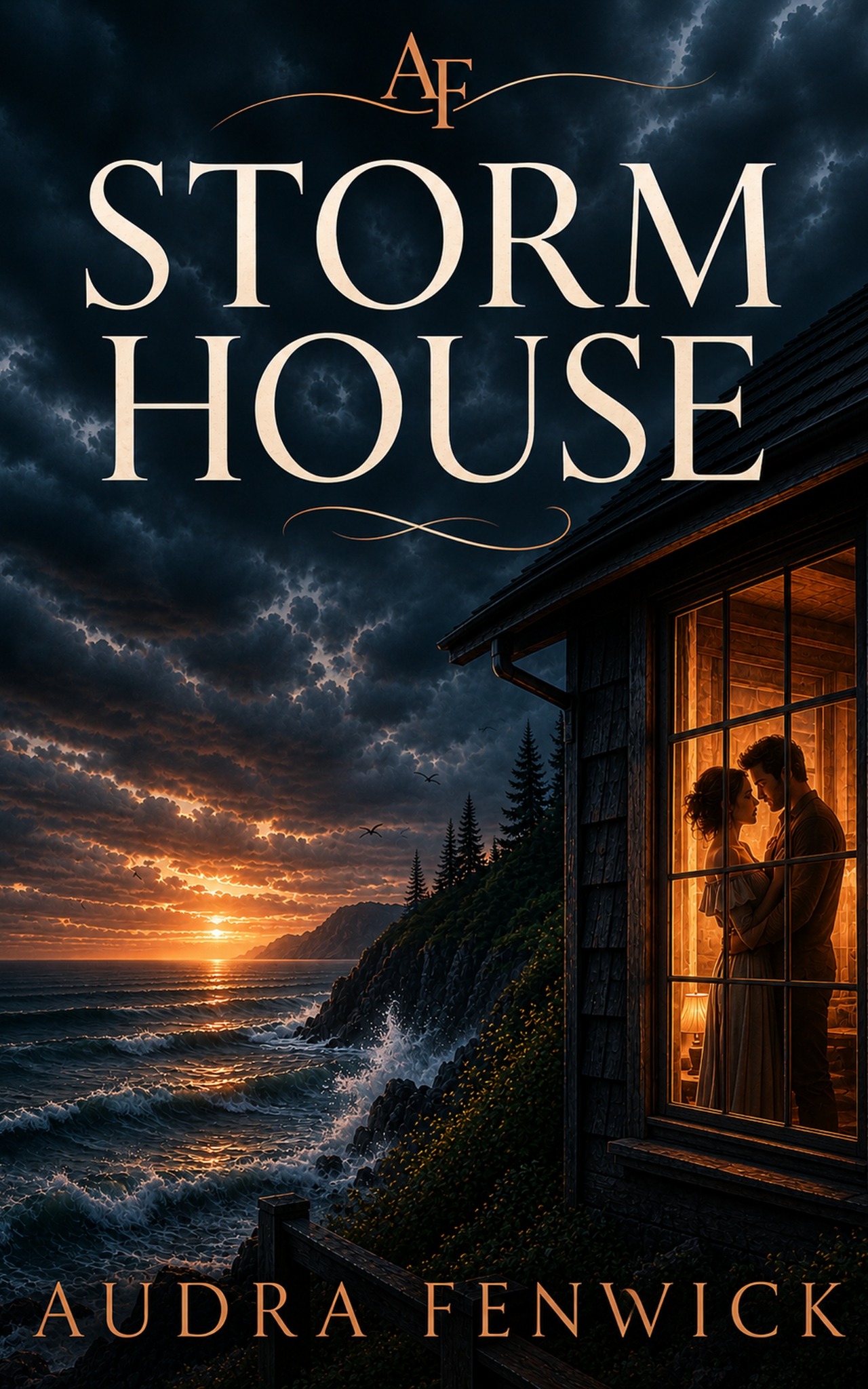 Storm House by Audra Fenwick — cover art of a couple embracing in a lamplit window above a storm-dark coast